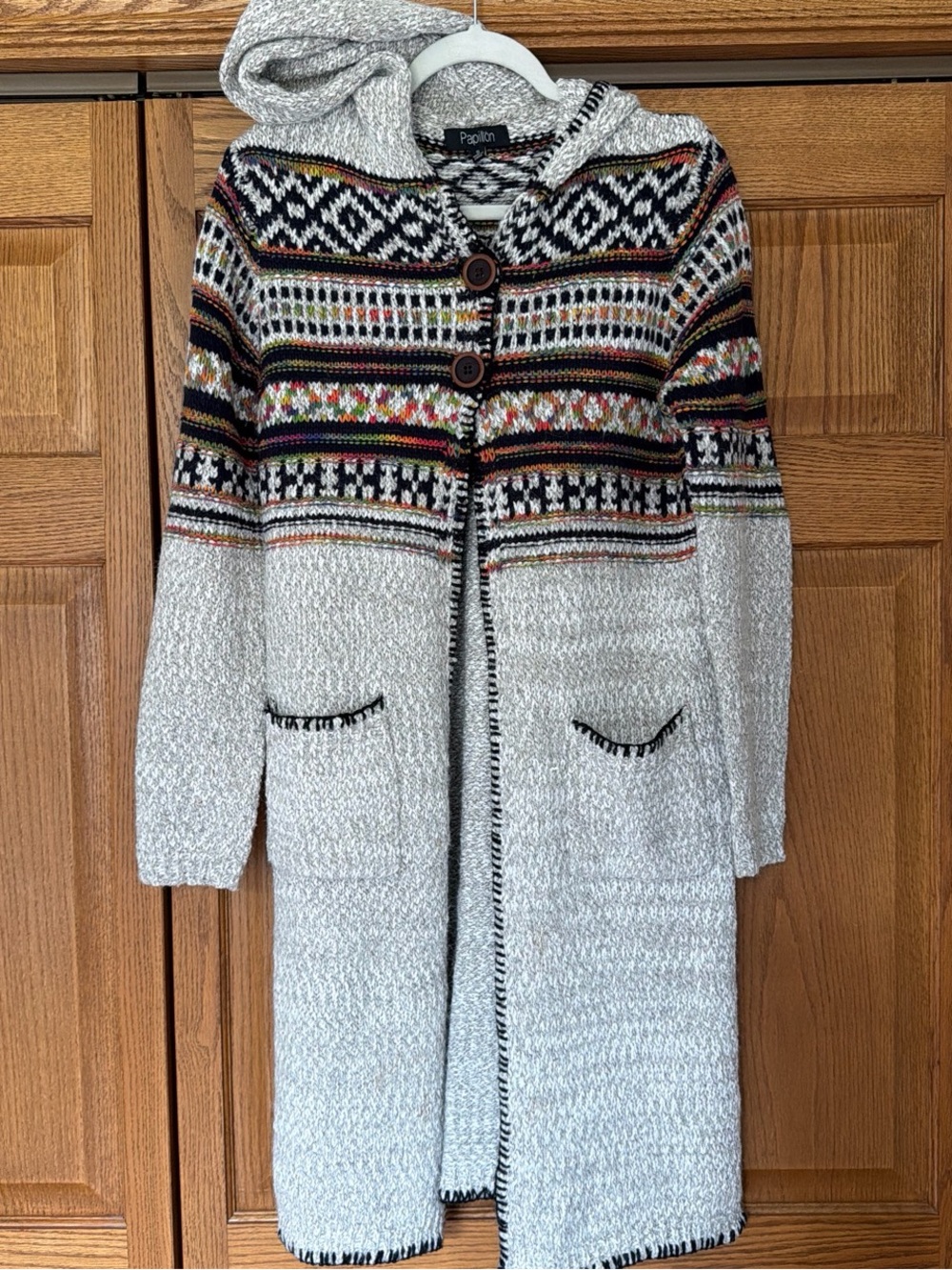 Papillon Blanc Hooded Longline Sweater Coat in Light Gray with Fair Isle Yoke